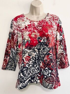 Christopher & Banks M top 3/4  sleeve red white black fair isle lightly studed